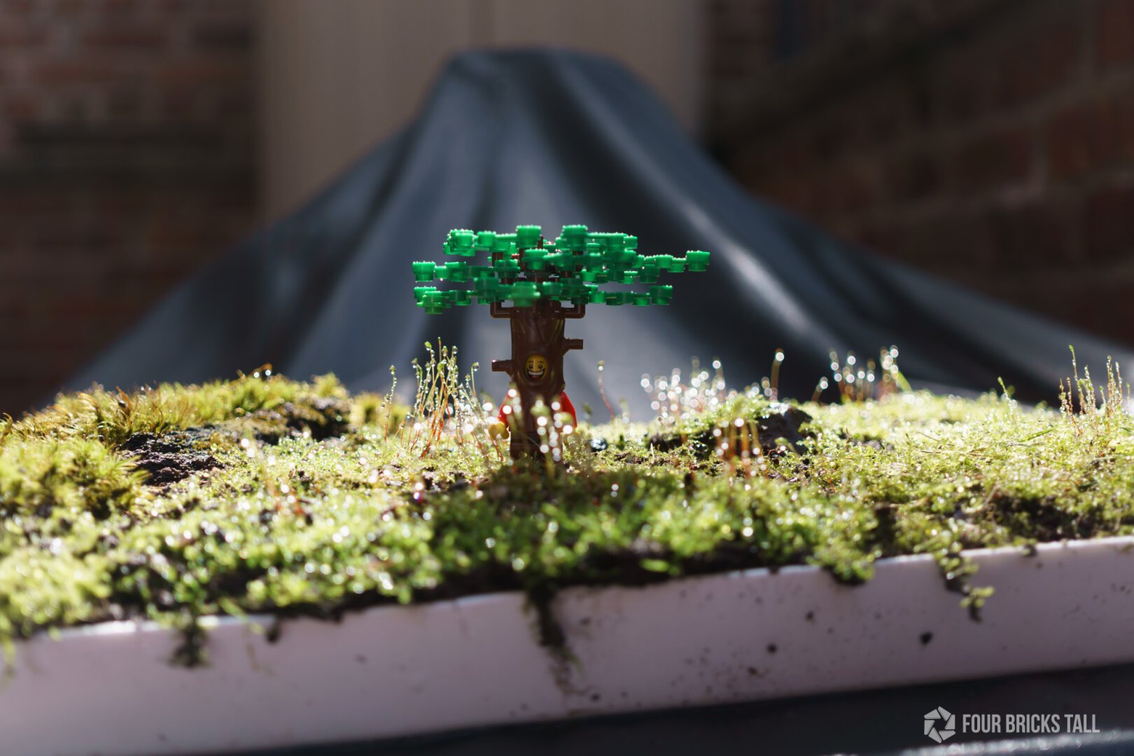 A tray full of moss on a BBQ with a LEGO minifigure standing in the center