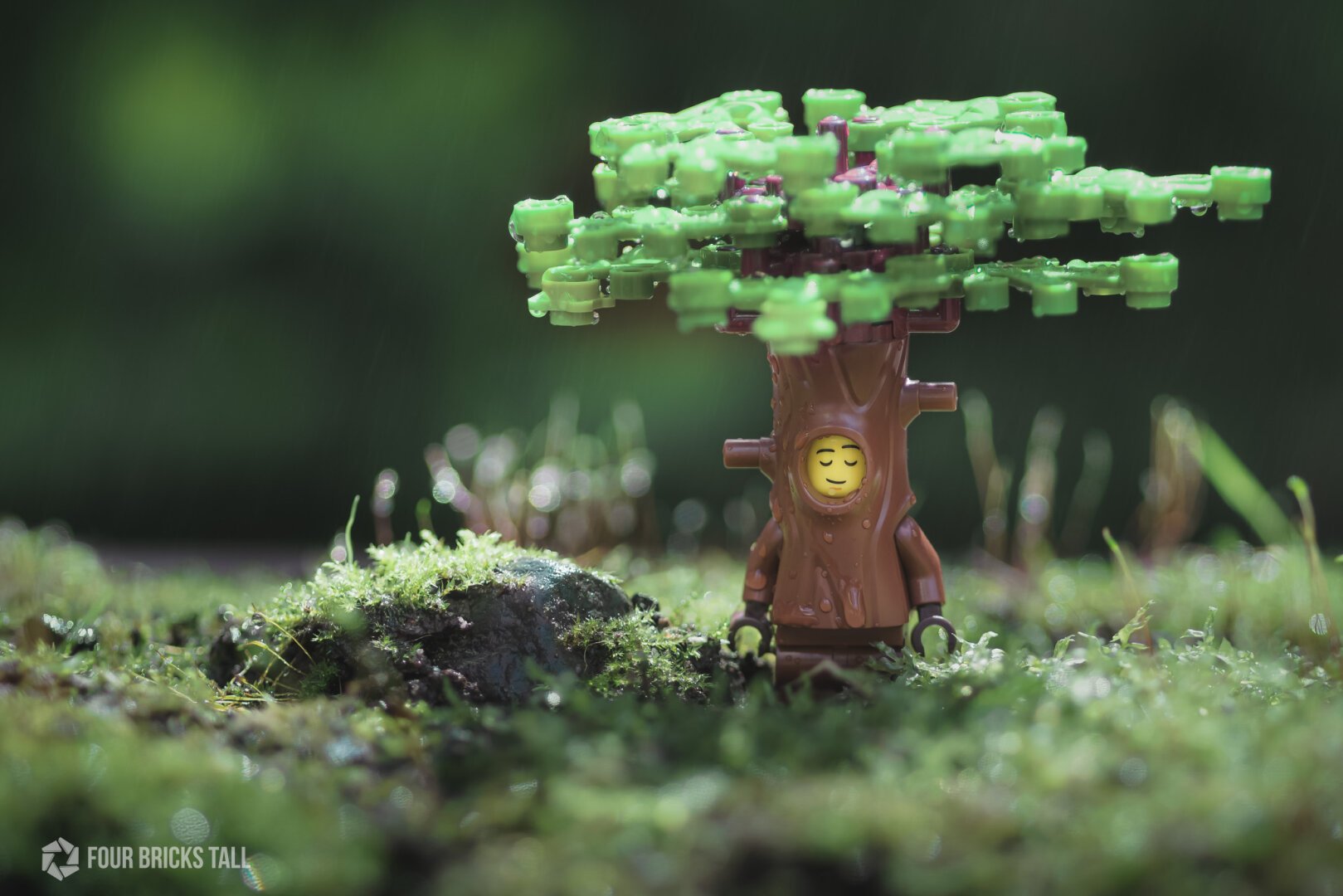 LEGO minifigure in a tree costume standing in moss in the rain