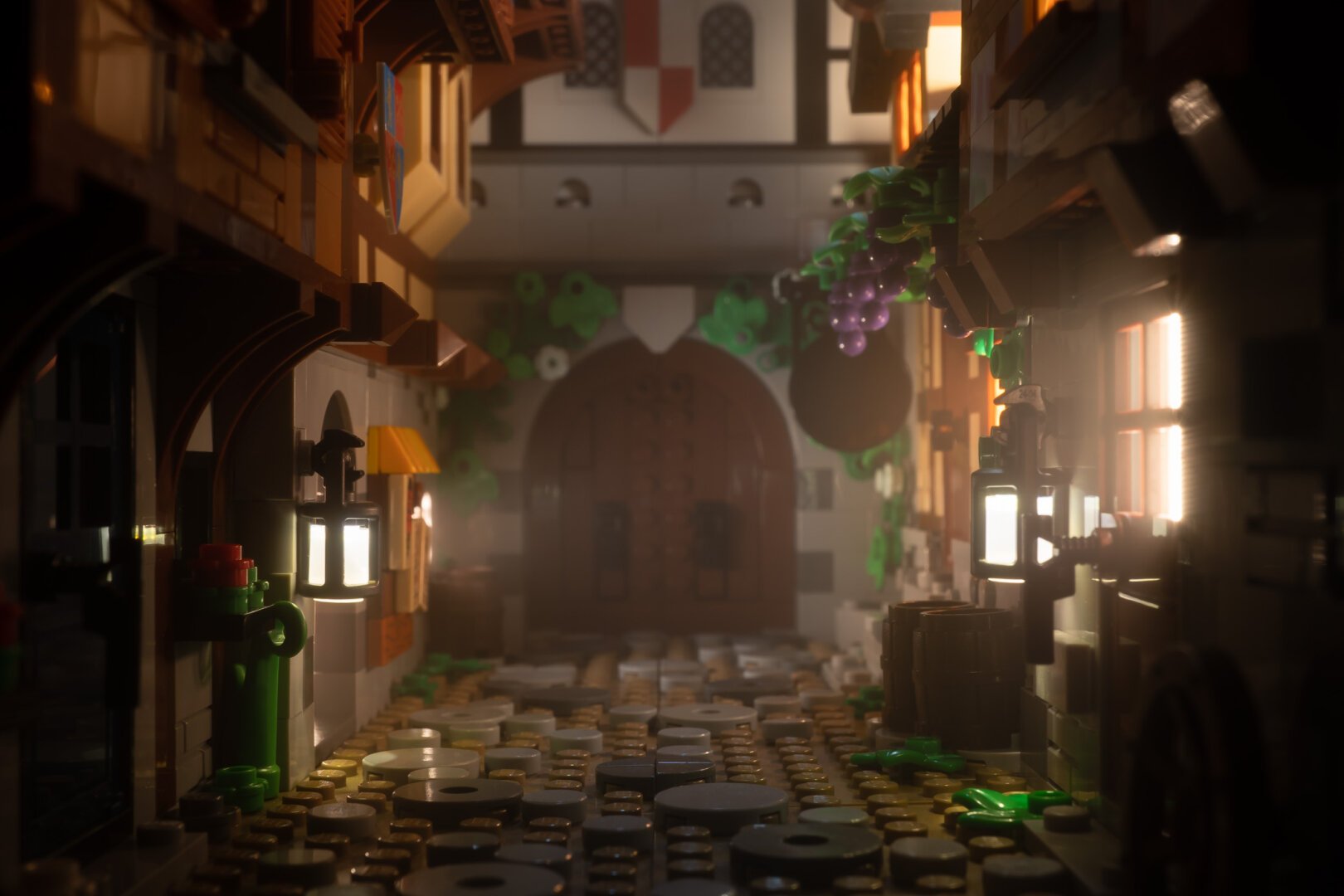 Nighttime in a LEGO medieval alley with a large wooden gate in the center