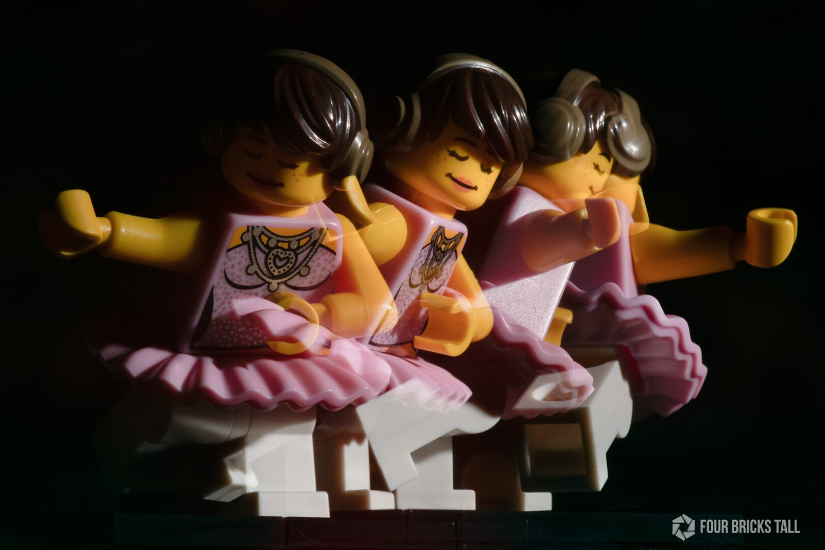 LEGO ballerina captured in multiple poses in a single exposure