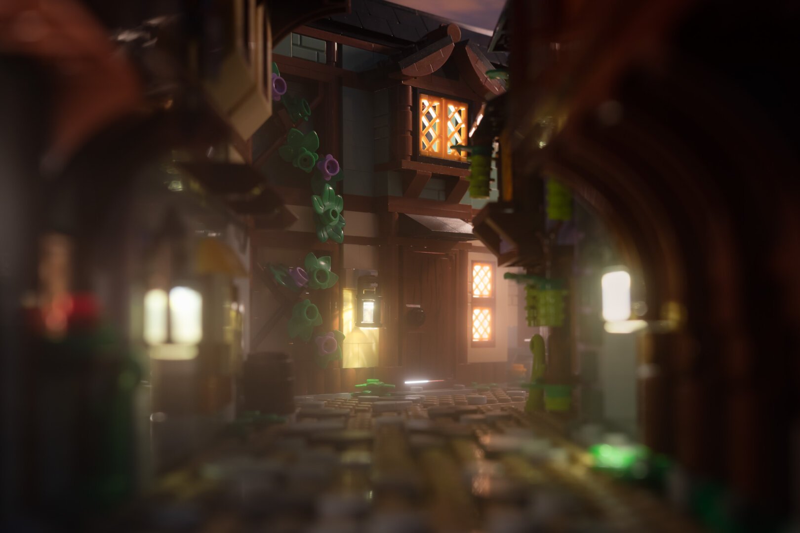 Nighttime in a LEGO medieval alley with climbing ivy on a building as the focal point