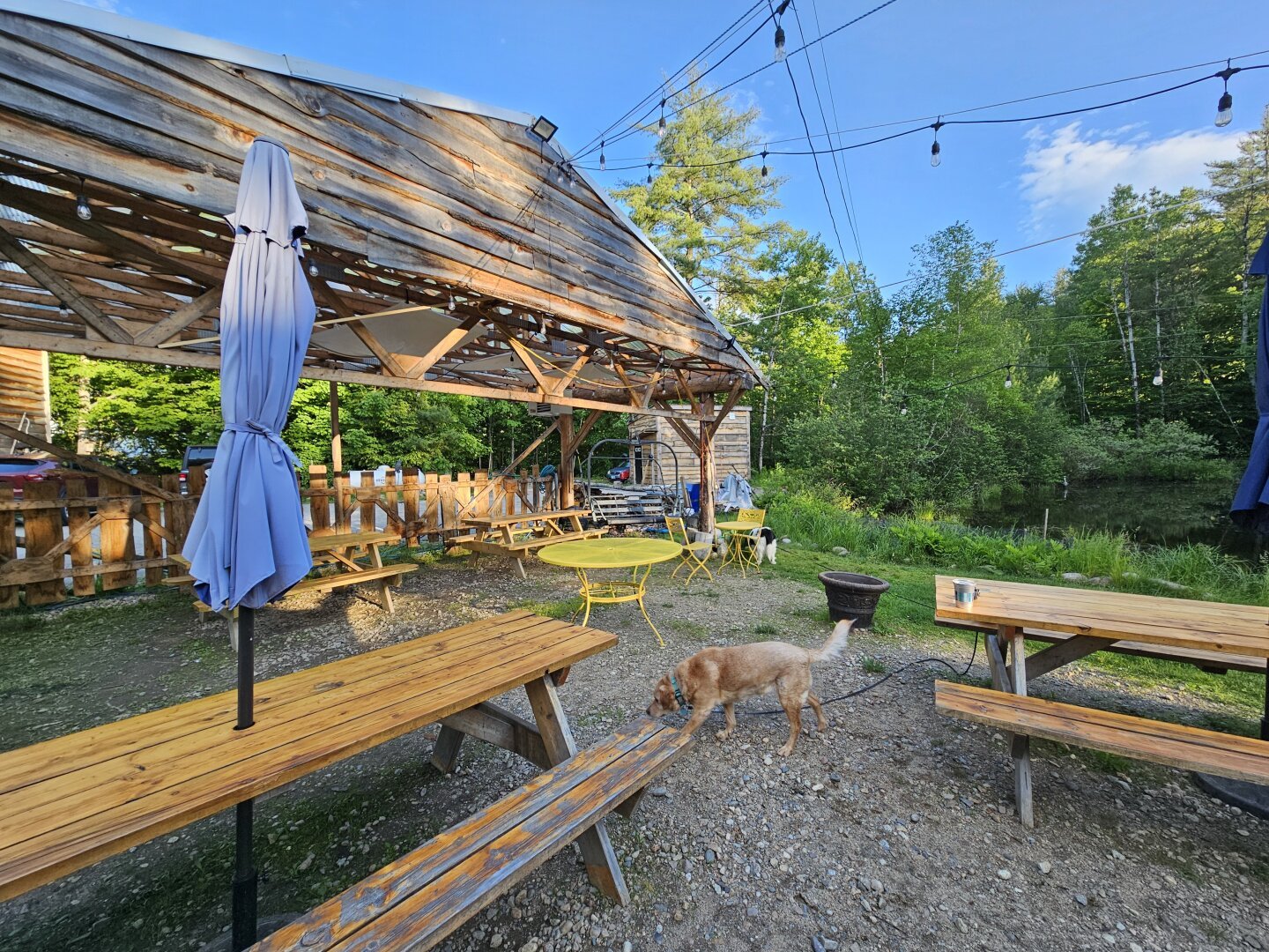 Beer garden with a shelter and rustic picnic tables by a pond
