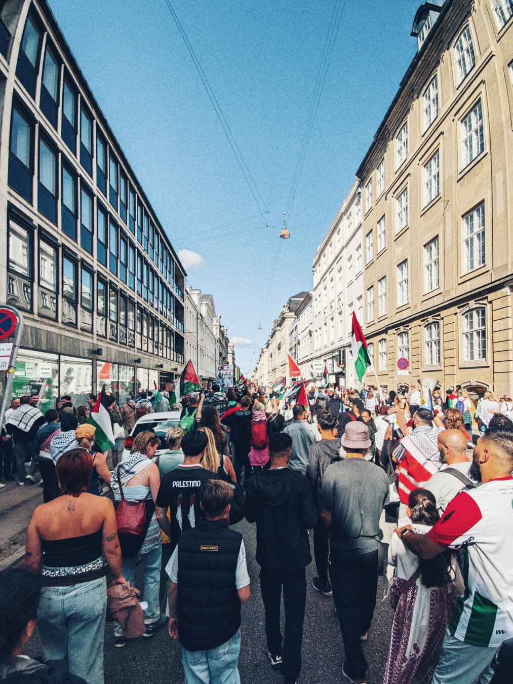 A crowd of people on a street with rows of buildings on both sides attending a protest for Palestine.