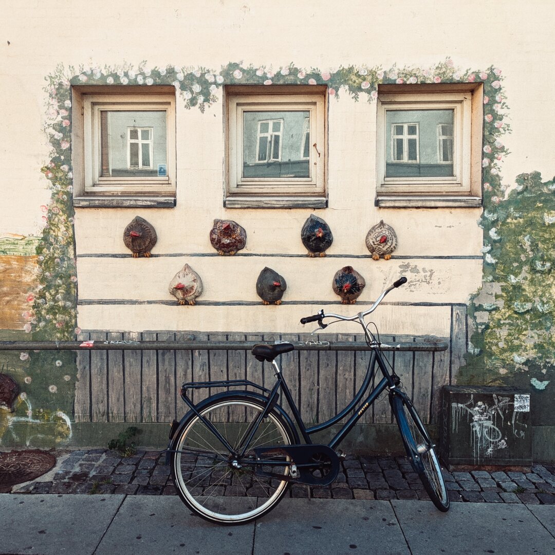 Chicken sculptures on a house wall and a parked bicycle in front.