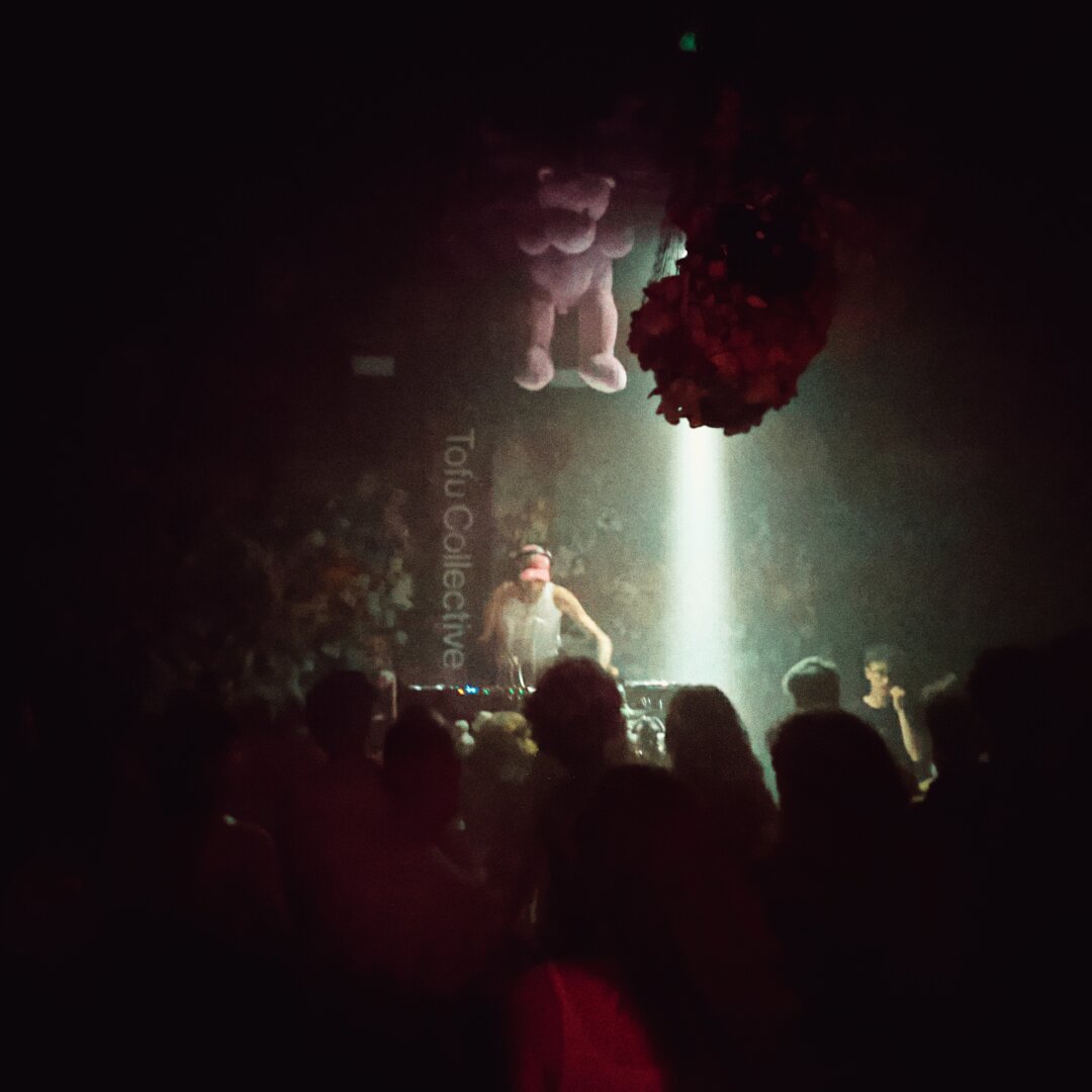 A DJ in front of a crowd, with a large pink plush bear hanging above them.