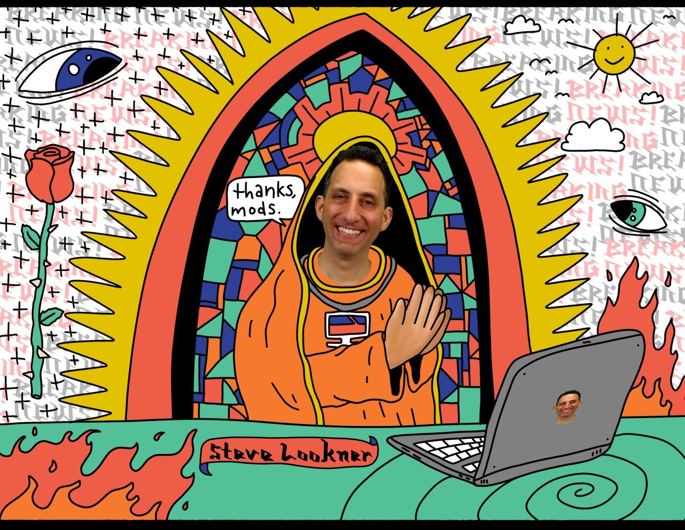 cartoon drawing of steve lookner as a medieval saint