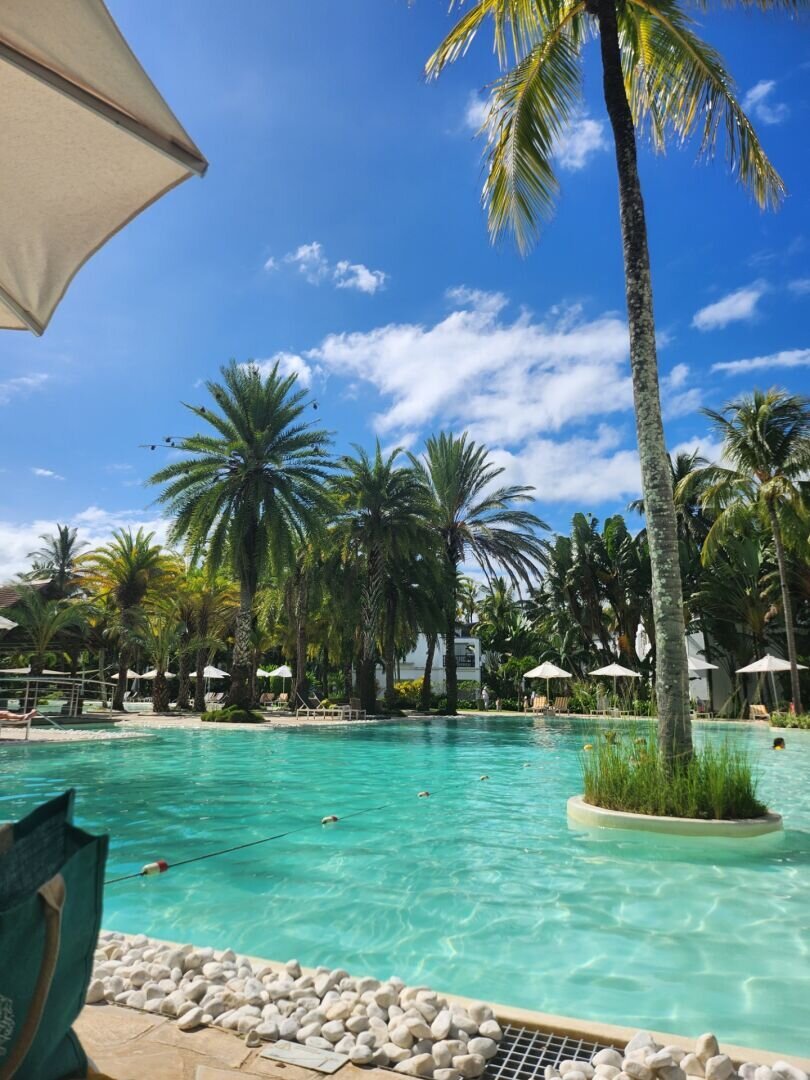 a swimming pool with lots of tropical trees all around, including coconut and palm trees, and deckchairs under umbrellas. You can see part of the hotel in the background.