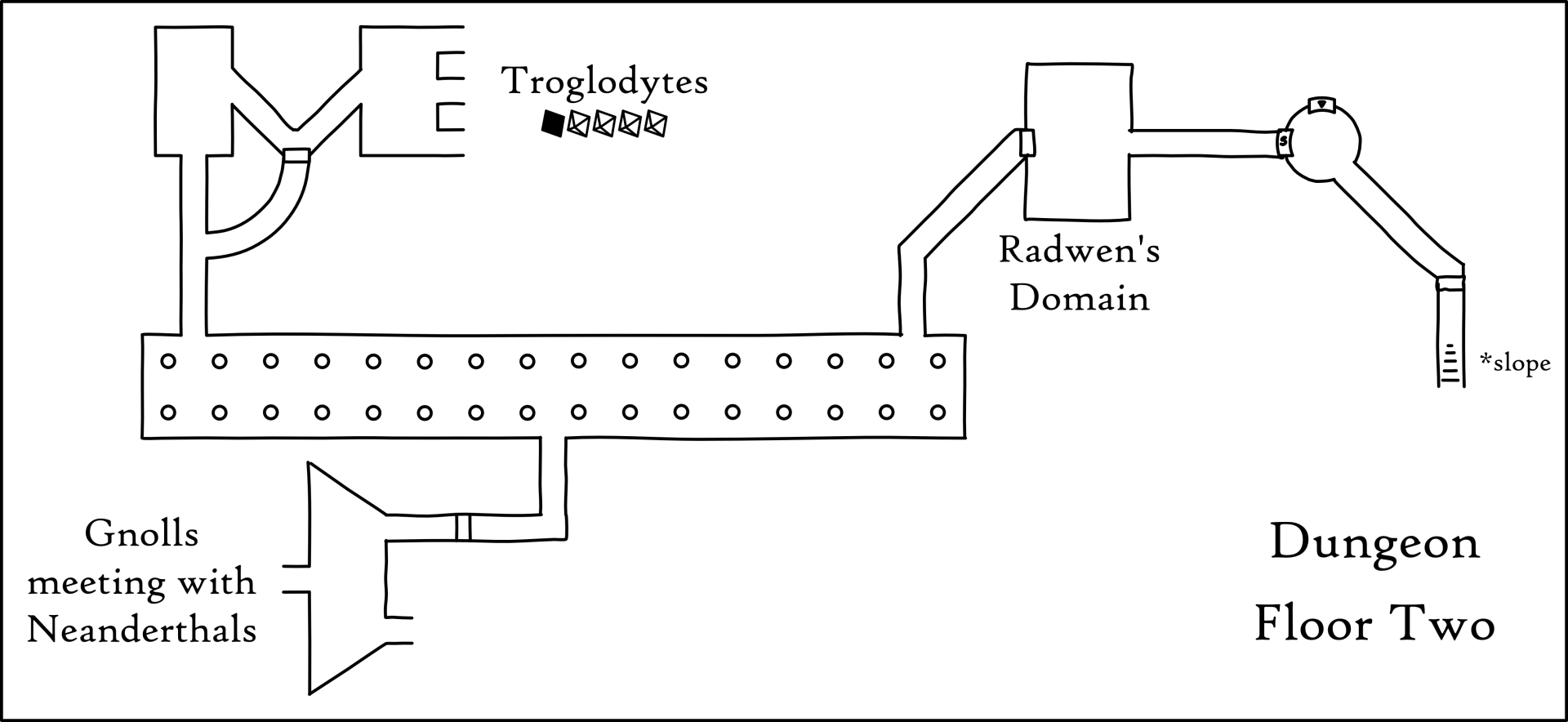 A digitally hand-drawn map of the second floor of the dungeon, updated from last session. Labelled to indicate the location of Radwen's domain, the gnolls/neanderthals, and the troglodytes.