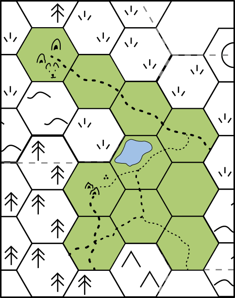 A map made up of hexagons. Some are colored in light green, others are black and white with icons. Trail lines criss-cross the colored hexagons. A lake in blue is present in one. Other symbols include a village, a ruined village, and a little gnoll face.