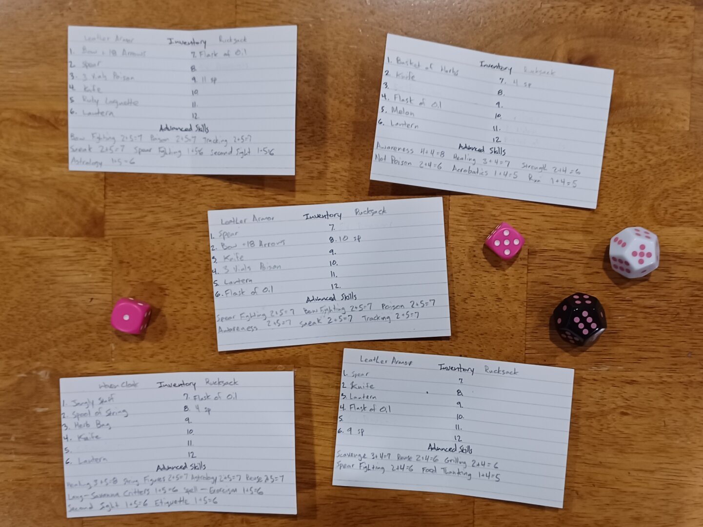 Five index cards arrayed alongside polyhedral dice. They contain character possessions and advanced skills.