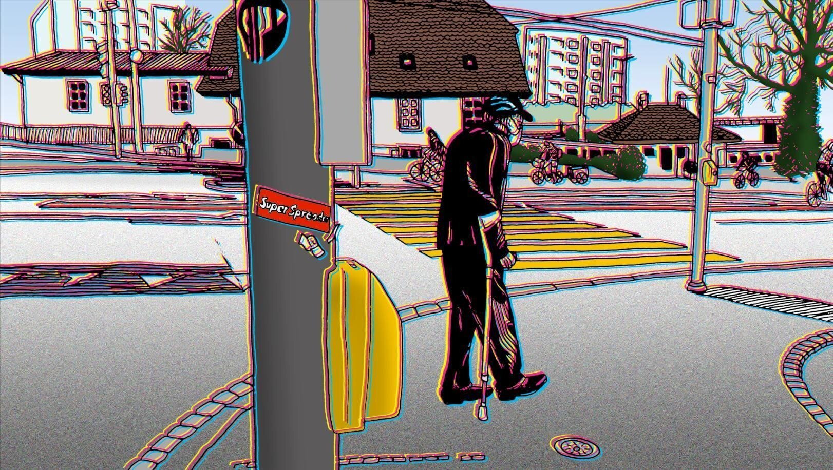 A drawing shows a pole with flyers and stickers, a read sticker reads "Superspreader". In the background an old man with a cane wearing a mask