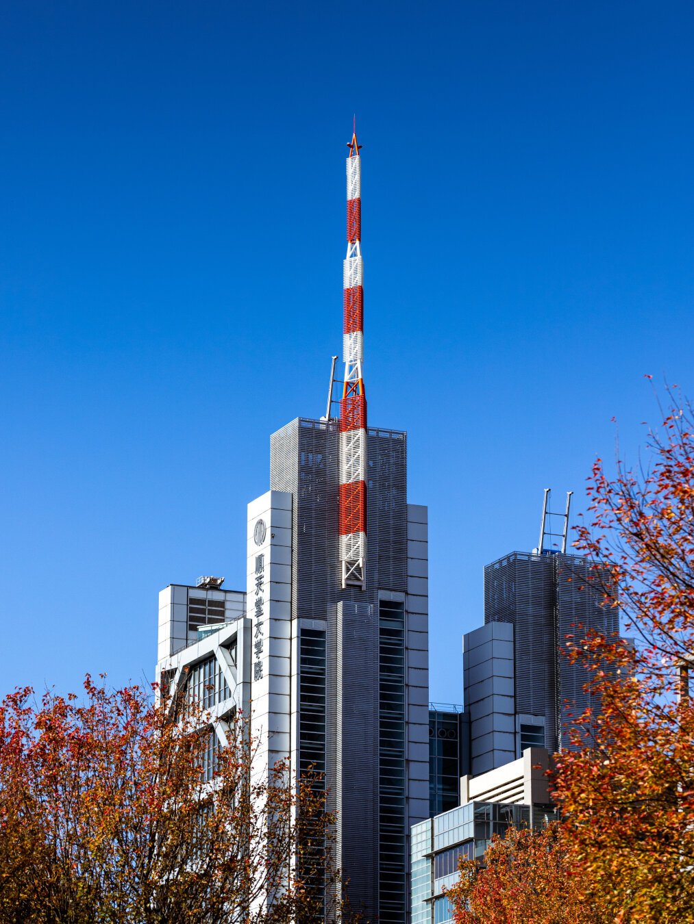 Radio mast on top of a building in Tokyo. Blue sky. Red & Orange trees in for foreground