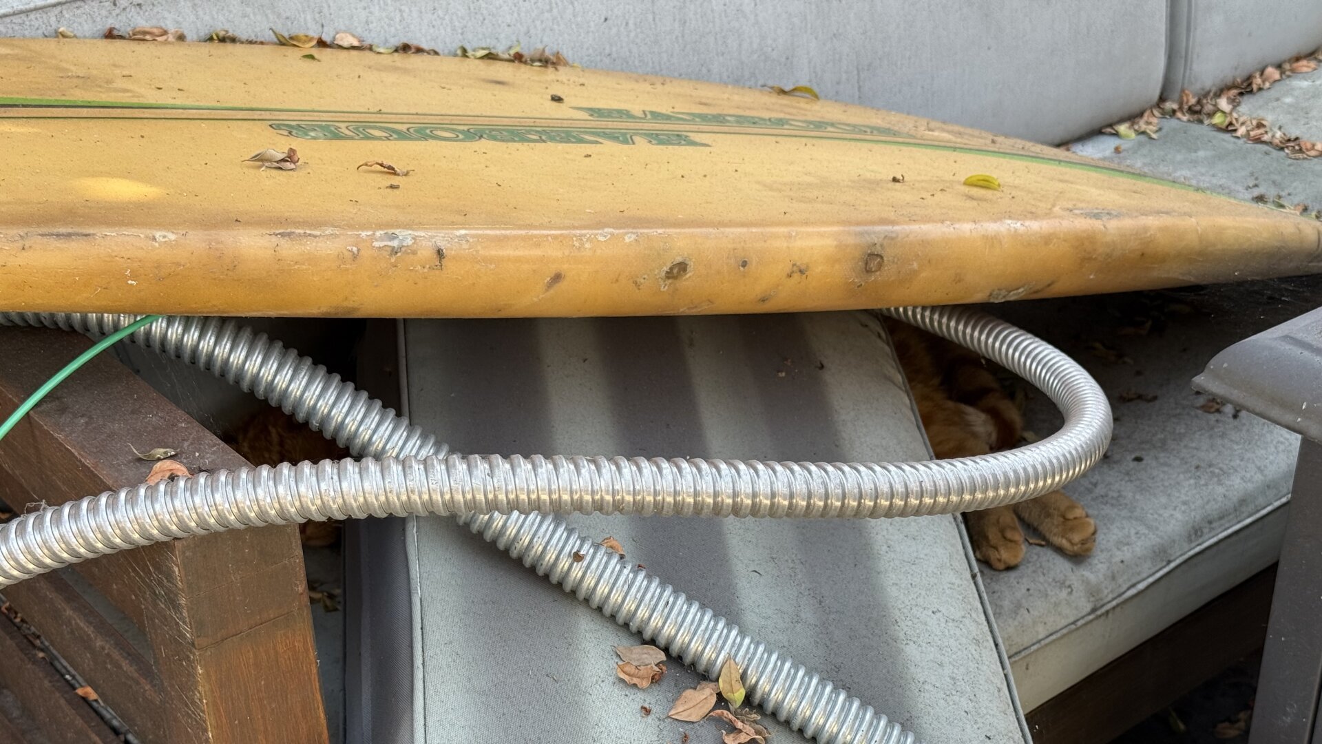 A rundown couch with another cushion on top of it, a chrome conduit or hose and a short yellow surf board.
Underneath the pile there’s a glimpse of an Orange Tabby Cat head and hind legs.