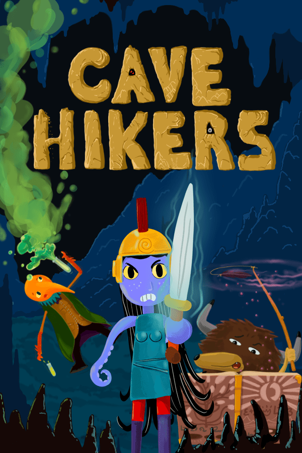 Cave Hikers title with all three characters looking action-y