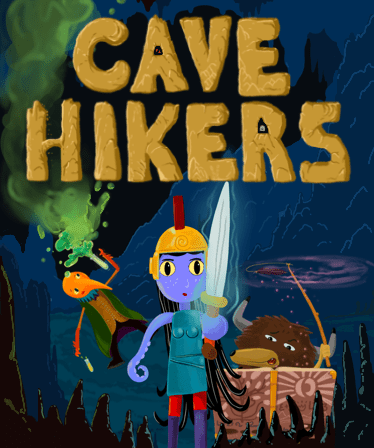 CAVE HIKERS title with three silly characters being cool in a cave