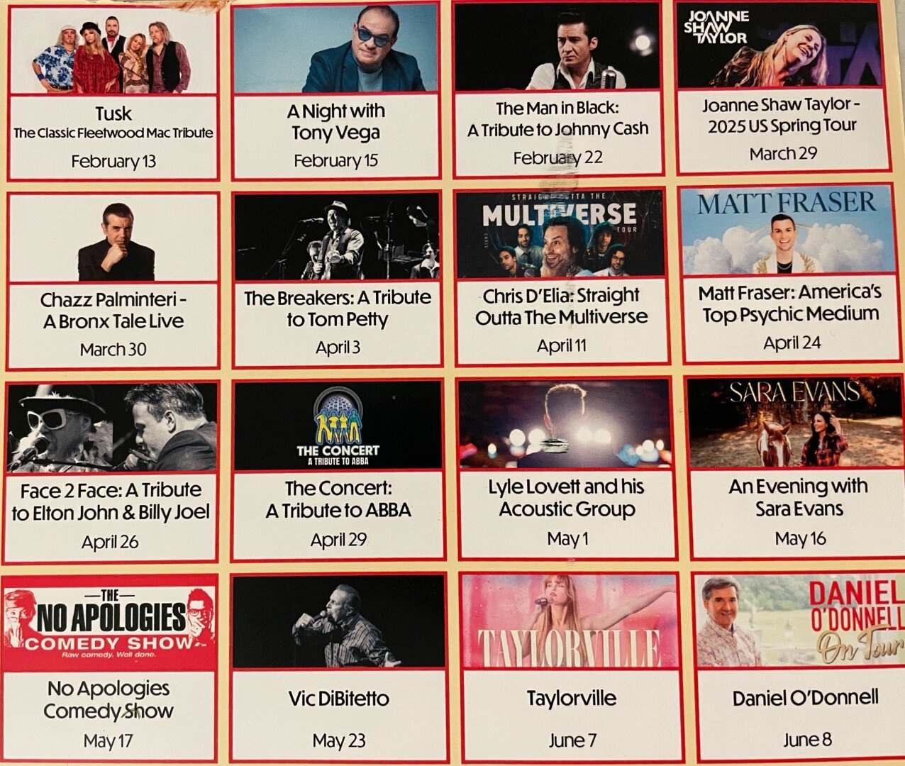 A mailing showing the schedule of upcoming shows at a venue. It includes: cover band tribute acts, some comedians apparently, a performance from a psychic, and Lyle Lovett