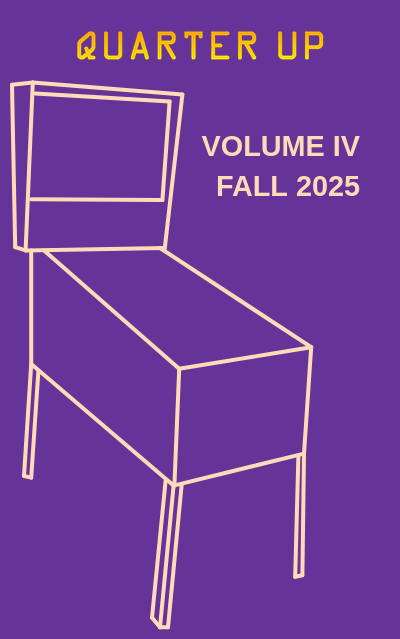 A vector-art depiction of a pinball machine on a purple background.