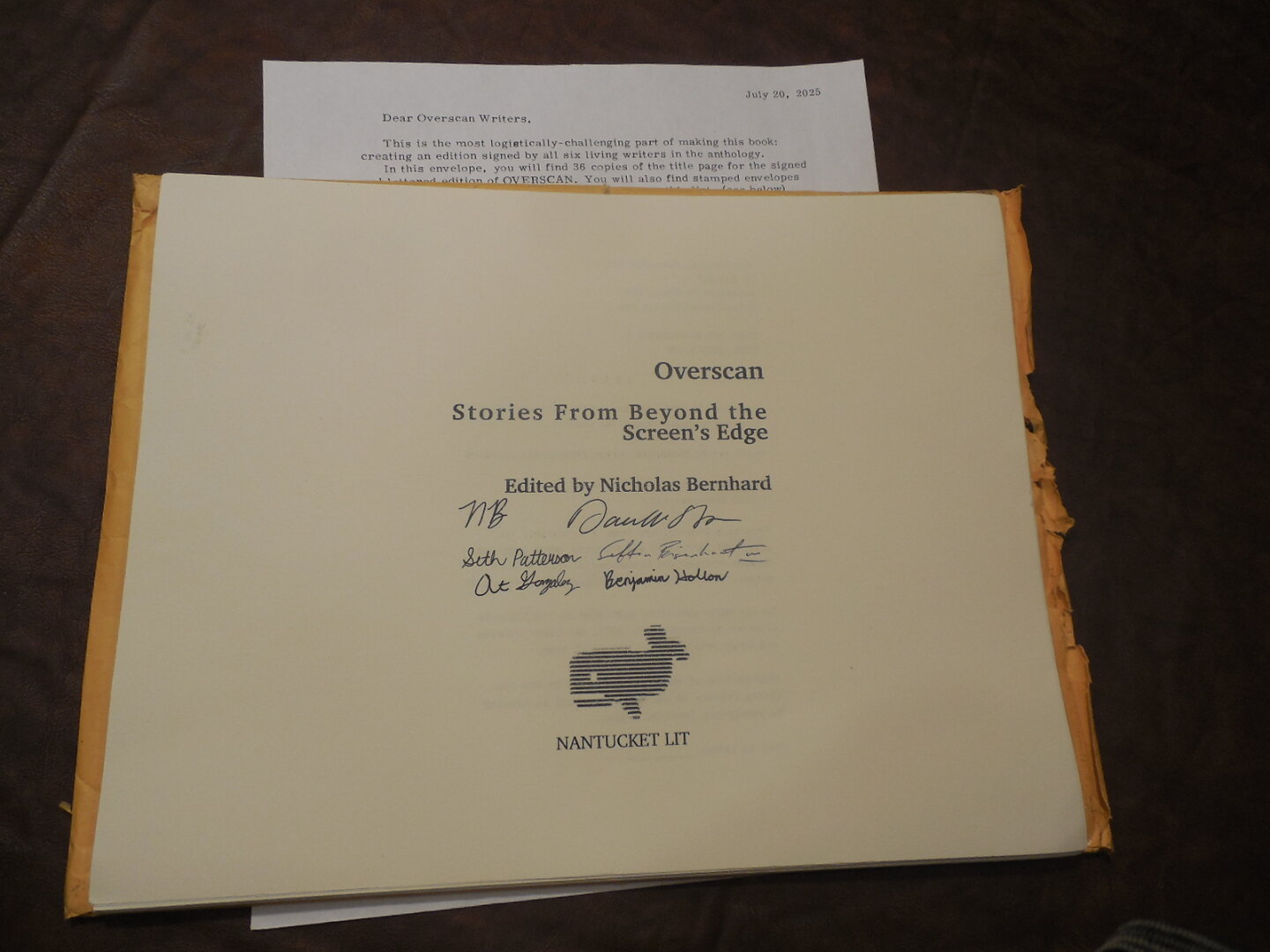 A title page for the book Overscan: Stories from Beyond the Screen's Edge. The title page has been signed by six writers from the book.