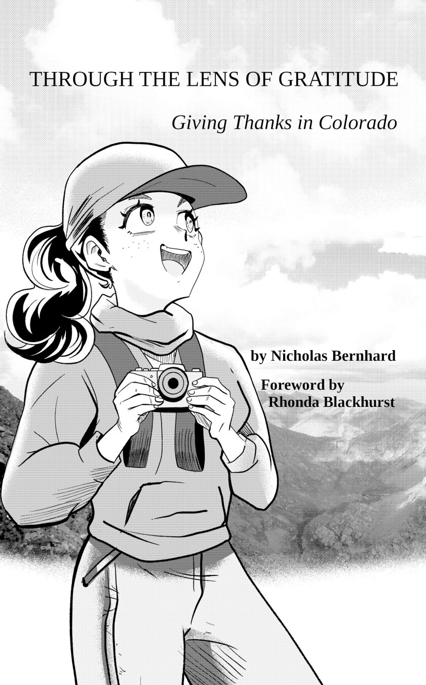 Drawing in an anime style of a young woman in hiking clothing looking around at mountain scenery.