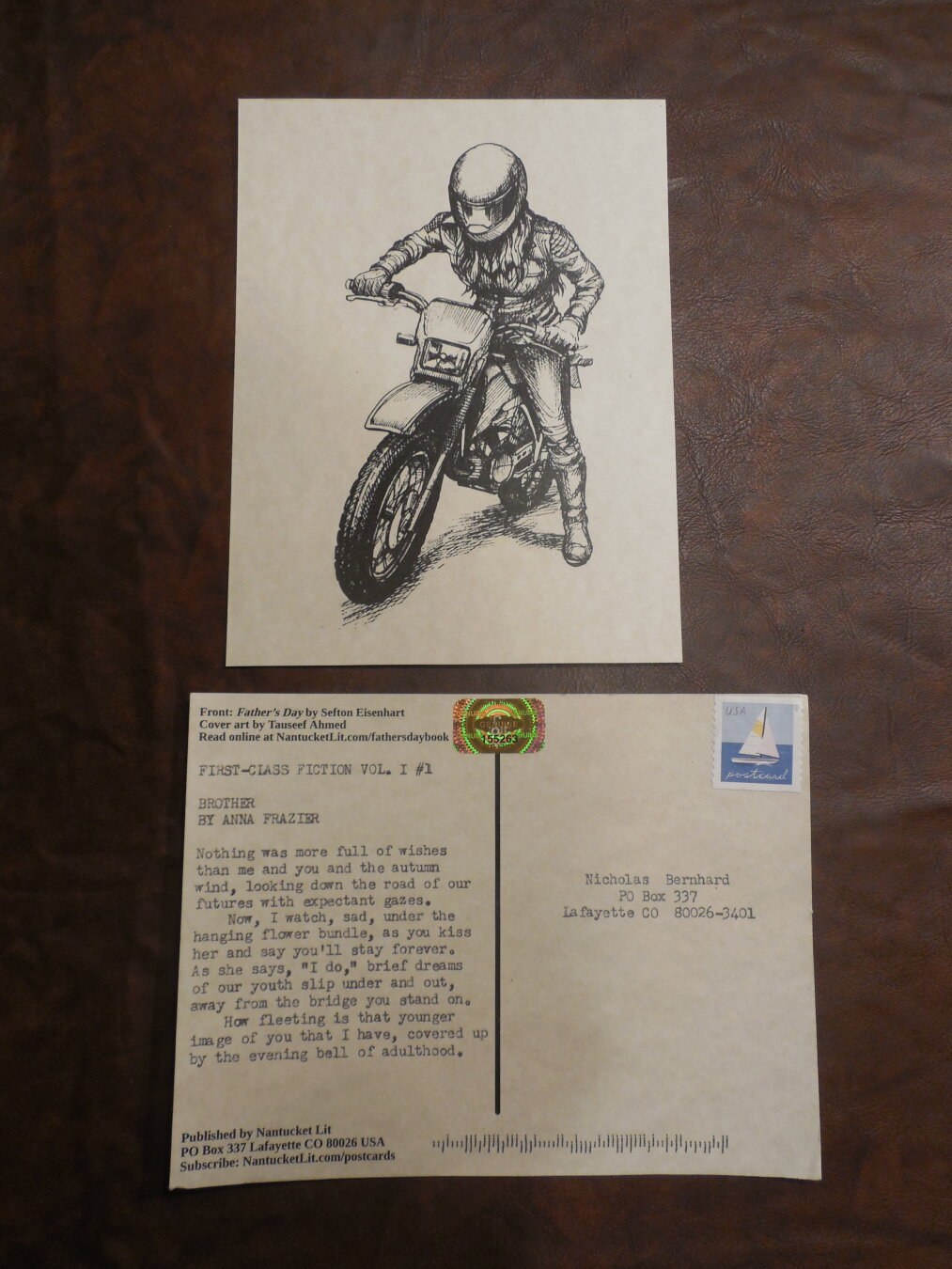 Two postcards, showing the front and back. The front shows a woman on a motorbike wearing a bike helmet. The back of the card has the text for Brother by Anna Frazier: 'Nothing was more full of wishes than me and you and the autumn wind, looking down the road of our futures with expectant gazes. Now I watch, sad, under the hanging flower bundle, as you kiss her and say you'll love stay forever. As she says 'I do', brief dreams of our youth slip under and out, away from the bridge you stand on. How fleeting is that younger image of you that I have, covered up by the evening bell of adulthood.