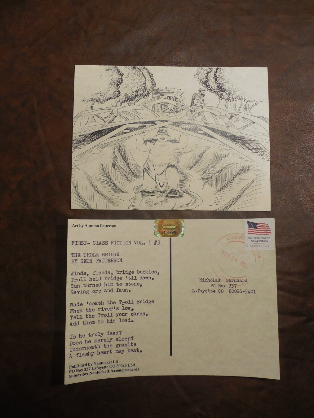 Two postcards, showing the front and back. The front shows an illustration of a stone troll holding up a bridge. The back of the card has the text for The Troll Bridge by Seth Patterson: 'Winds, floods, bridge buckles, / Troll held bridge 'til dawn. / Sun turned him to stone, / Saving orc and faun. / Wade 'neath the Troll Bridge / When the river's low, / Tell the Troll your cares. / Add them to his load. / Is he truly dead? / Does he merely sleep? / Underneath the granite / A fleshy heart may beat.'