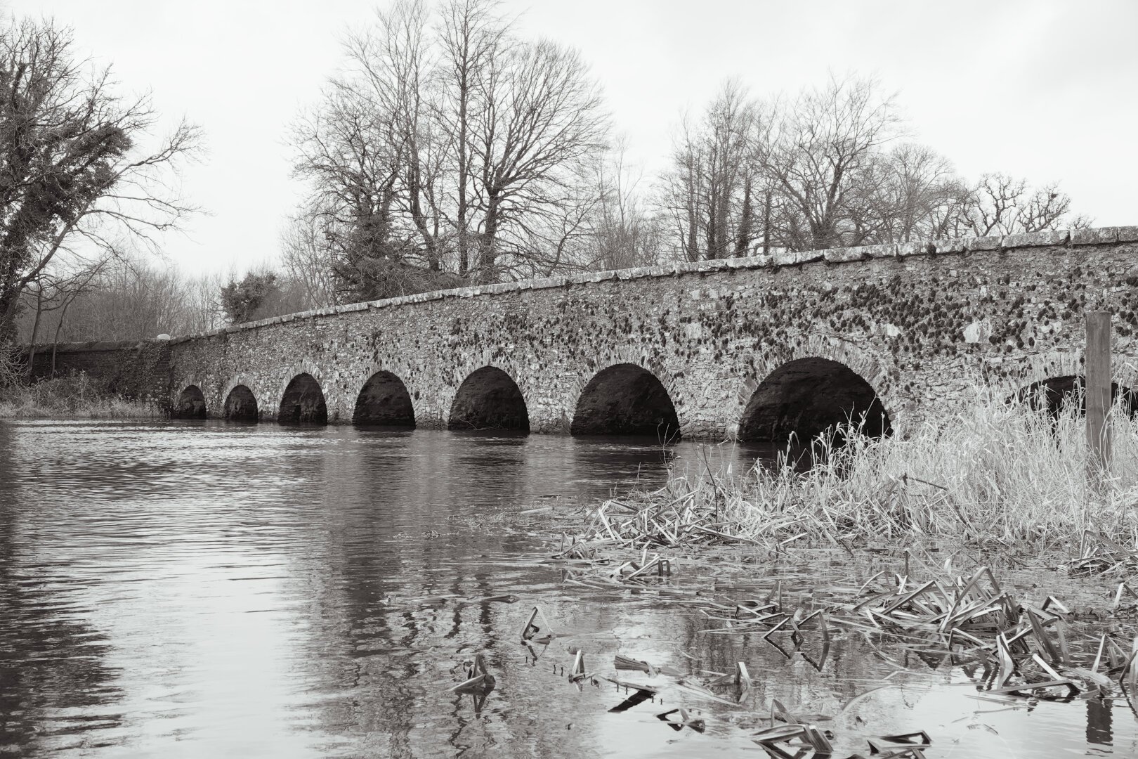 A black and white photograph of a stone arch bridge spanning a calm river, with bare winter trees in the background.