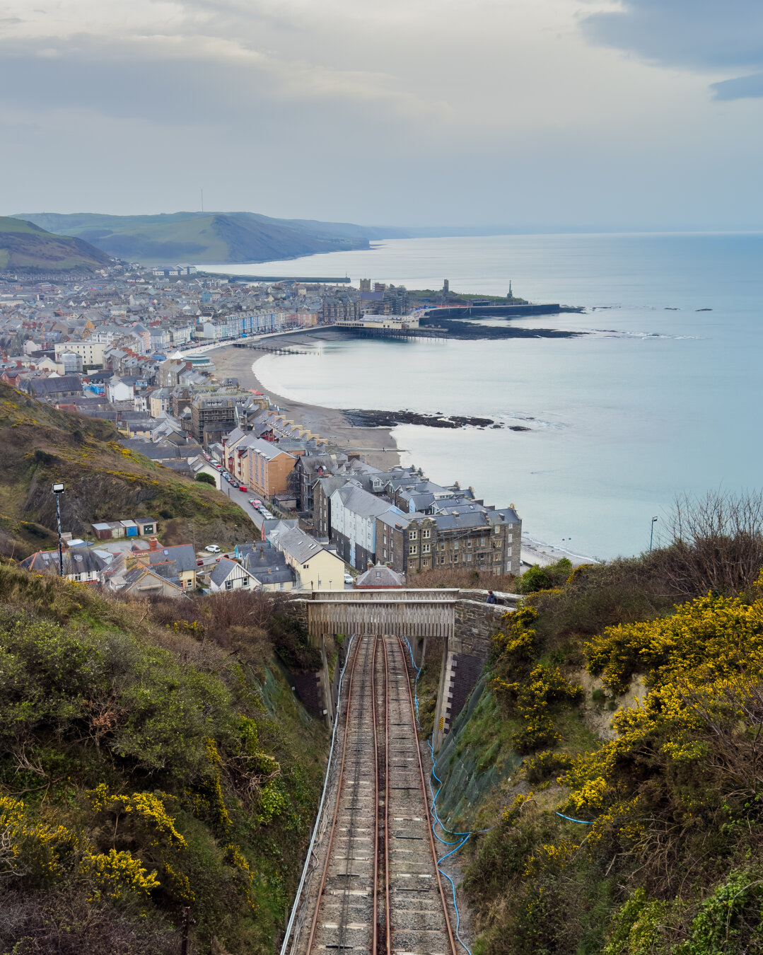 A view of Aberystwyth from a bridge over the cliffside railway.