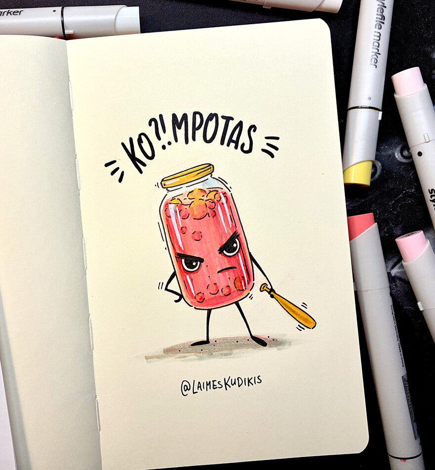 Sketchbook illustration: a jar of fruit drink with an angry expression, holding a baseball bat in their hand, standing in an aggressive posture. Text at the top: What?! Colored markers