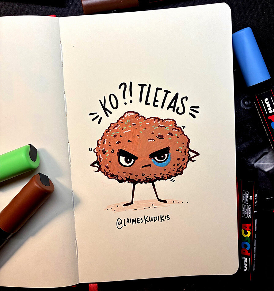 Sketchbook illustration: a meatball with an angry expression and a blue eye, standing in an aggressive posture. Text at the top: What?! Colored markers