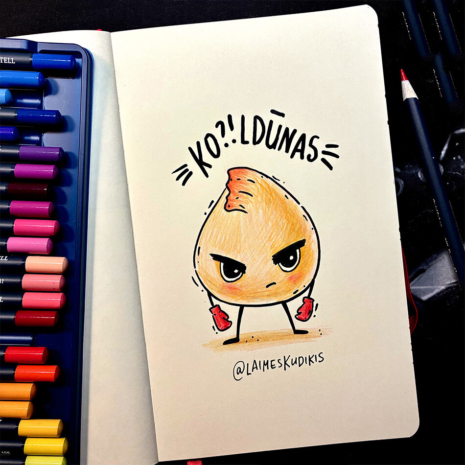 Sketchbook illustration: a dumpling with an angry expression, wearing red boxing gloves, standing in an aggressive posture. Text at the top: What?! Colored pencils and black marker