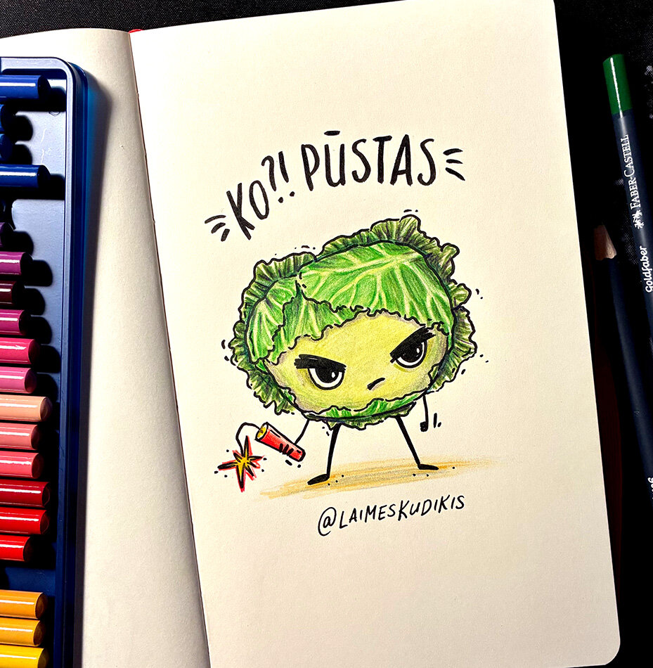 Sketchbook illustration: a cabbage with an angry expression, holding a lit stick of dynamite in their hand, standing in an aggressive posture. Text at the top: What?! Colored pencils and black marker