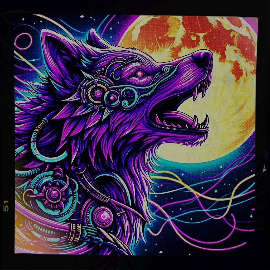 Alt text by Bing: A vibrant, neon-colored illustration of a wolf with cybernetic enhancements howling at a full moon. The wolf's fur is depicted in shades of purple and blue, with intricate mechanical components integrated into its head and neck. The background features a large, glowing yellow moon and a starry night sky with colorful, swirling lines. 

The combination of organic and mechanical elements, along with the vivid neon colors, creates a visually captivating and futuristic scene. The image evokes themes of cyberpunk and sci-fi.