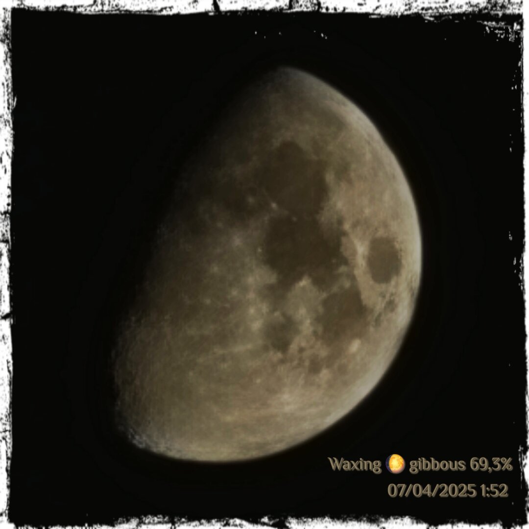 The image shows a close-up view of the Moon, captured during its waxing gibbous phase. The Moon is prominently displayed in the center of the frame, with a significant portion illuminated by sunlight, revealing its cratered surface. The right side of the Moon is brightly lit, while the left side is in shadow, creating a distinct contrast. The surface features various shades of gray, with darker areas representing craters and lighter areas indicating highlands. The text in the bottom right corner reads "Waxing 🌔 gibbous 69.3% 07/04/2025 1:52," indicating the phase, percentage of illumination, date, and time of the observation. The background is a deep black, emphasizing the Moon's details. The image has a textured border, adding a visual frame to the photograph.

Provided by @altbot, generated privately and locally using Ovis2-8B

🌱 Energy used: 0.188 Wh