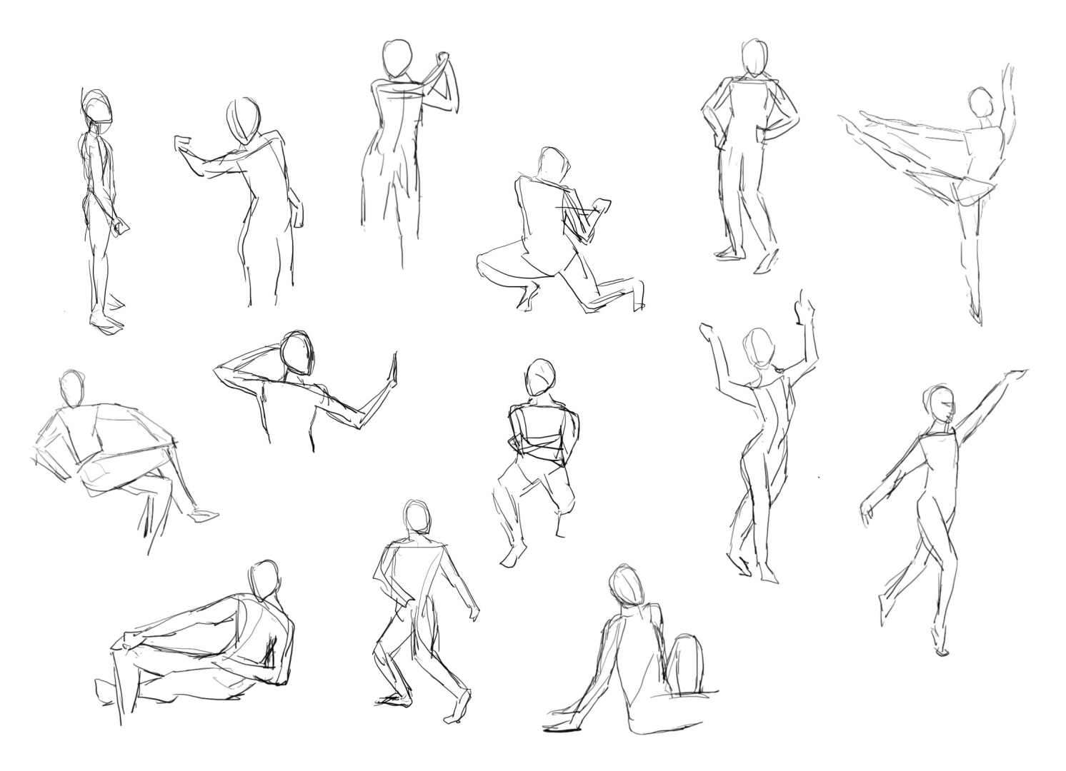 digital hand drawn sketch of human figures in various poses like sitting, dancing, slouching. simple black lines on a white background.