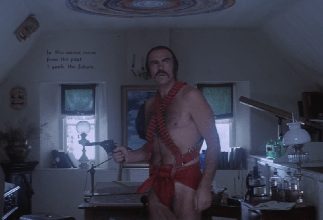 Sean Connery (Zed). Na parede do fondo pon: In the secret room of the past I seek the future