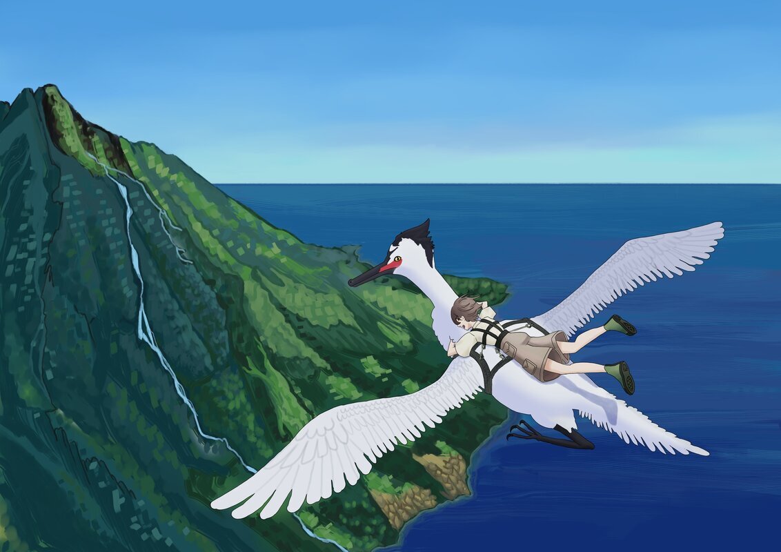 A young person is traveling on the back of a large white bird heading toward a mountain on an island.