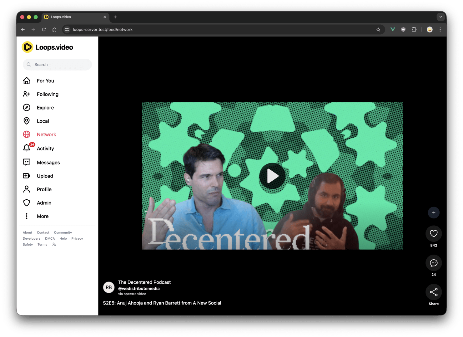 Loops webUI showing a PeerTube video