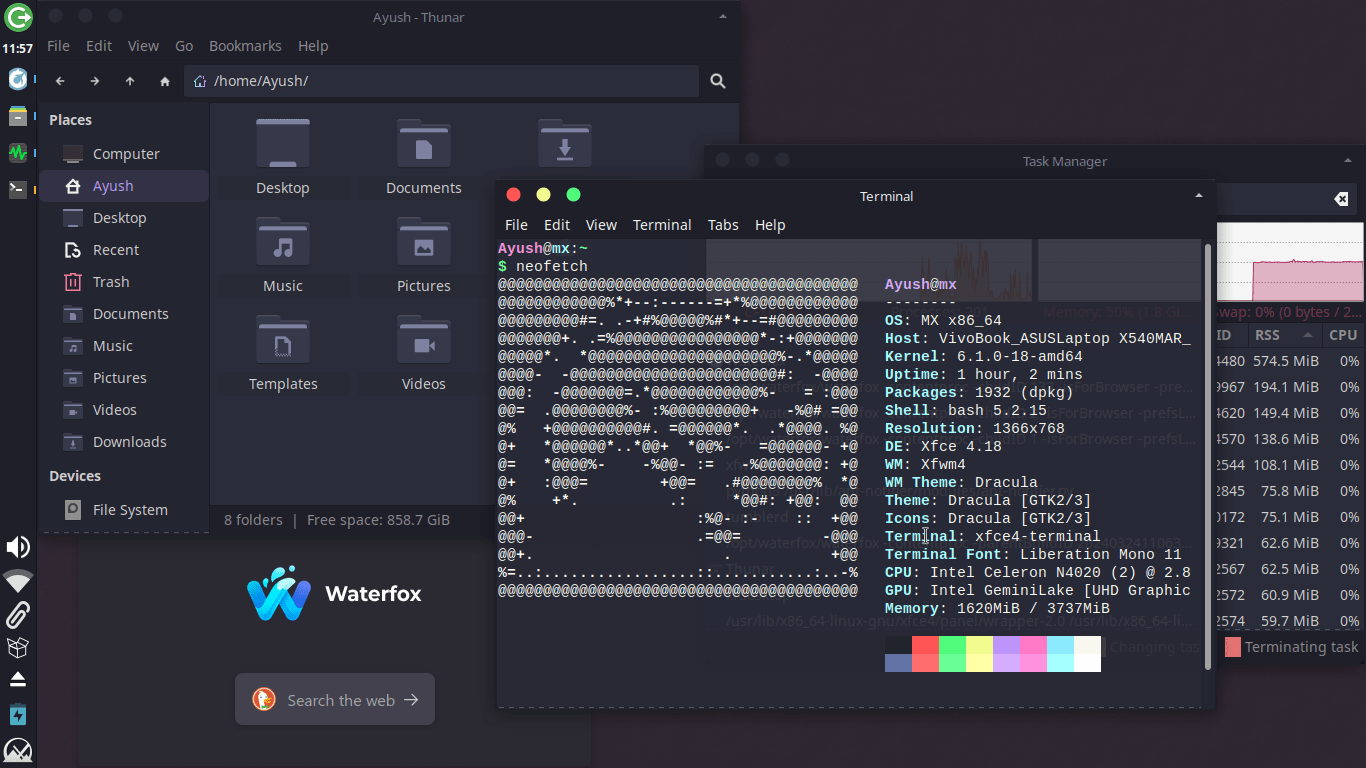 Mx Linux with dracula theme and icons