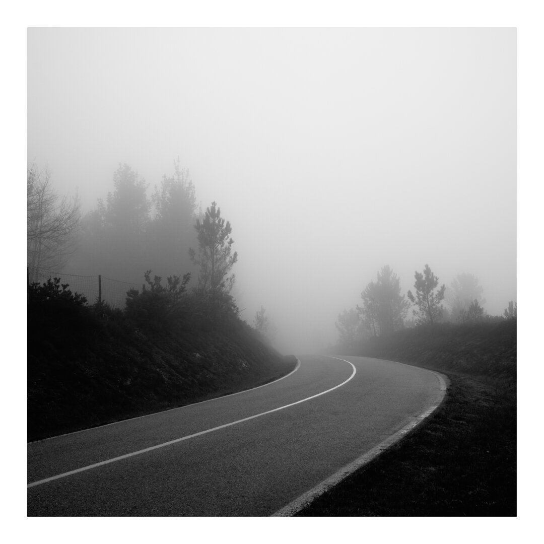 The image shows an empty road curving through a dense fog. The foreground features a paved road with a clear white line marking its edge. In the background, there is a dense forest, partially obscured by thick fog.