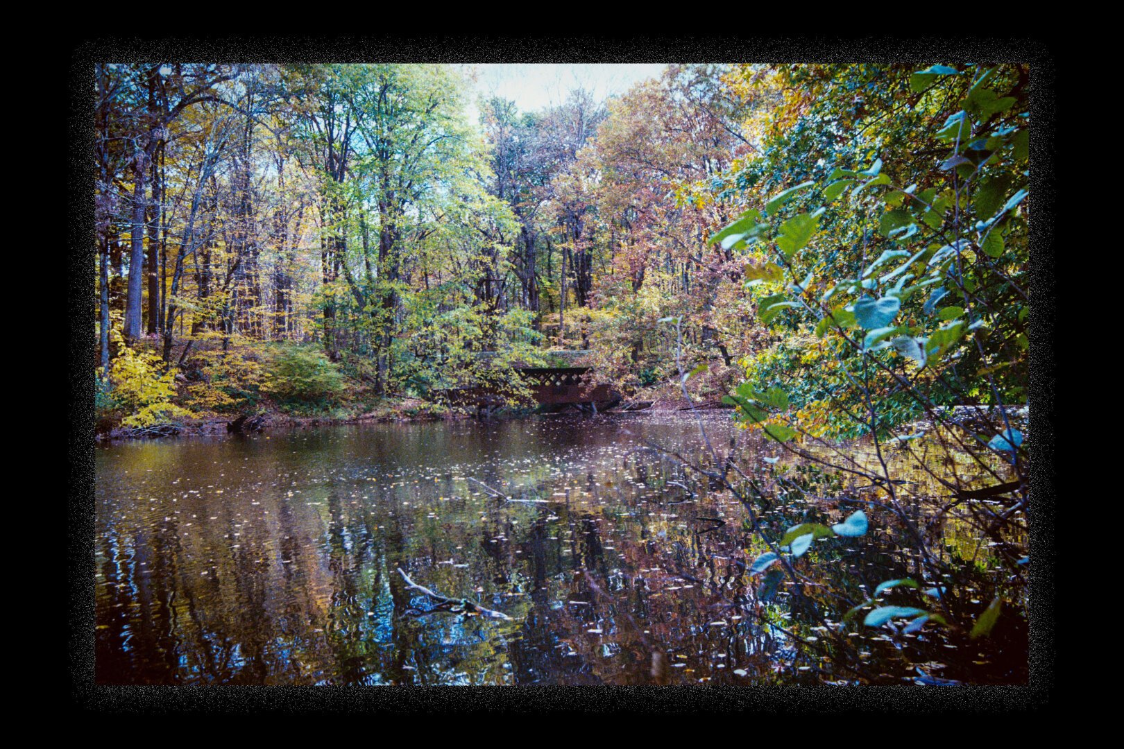 Photograph of a covered bridge spanning a pond surrounded by colorful fall leaves.