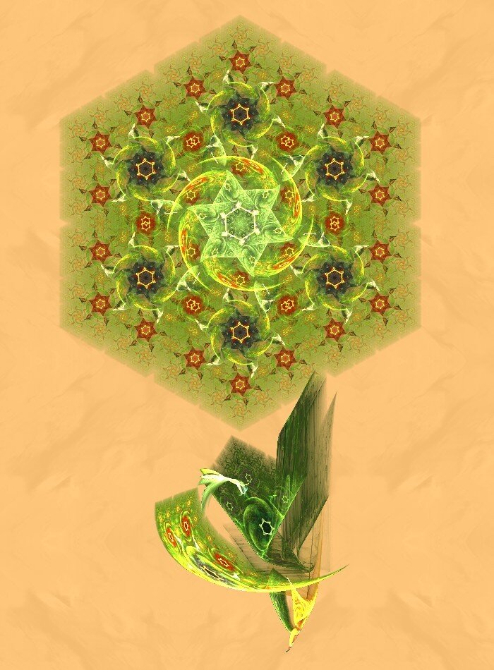 A bright green hexagon filled with concentric rows of connected star shapes (a large lighter star in the center, dark ones around it and small red ones in between and near the edges). Below the hexagon, a twisted version of the same pattern resembles a plant stem and leaves. The backgound is beige and lightly textured.