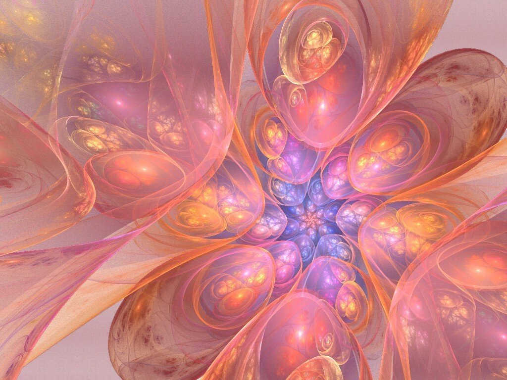 A fractal spiral composed of translucent eggs in pastel colors, going from orange on the outer edges, turning pink then blue then pink again at the spiral's center.