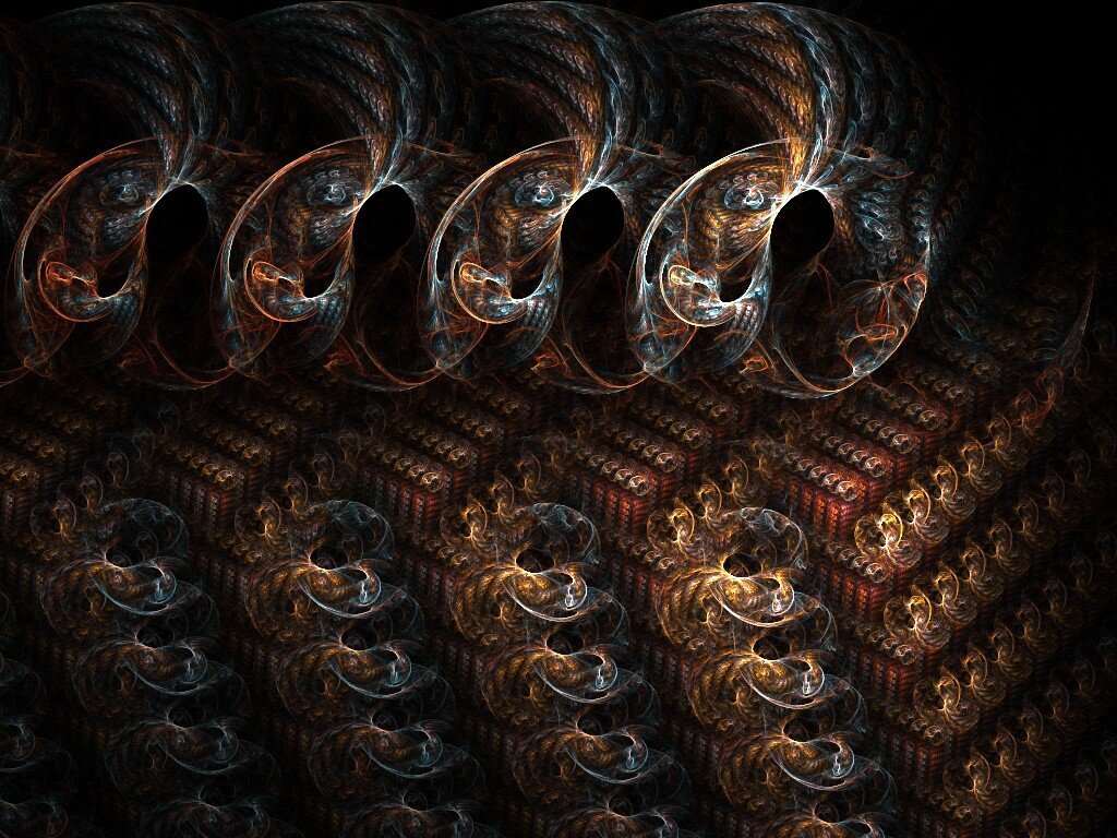 Four figures in a row, with a feather sticking out of their heads, and rectangular bodies composed of many rows of smaller versions of the main figures.