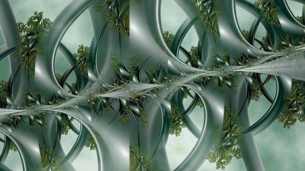 In a green sky floats a structure of metallic-green curves with vibrant green spirals emerging between them, both upwards and downwards.