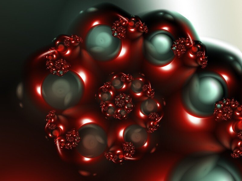 Glass spheres embedded along a red spiral, against a greenish background. One side of the image is dark while one the other a light seems to shine from above.