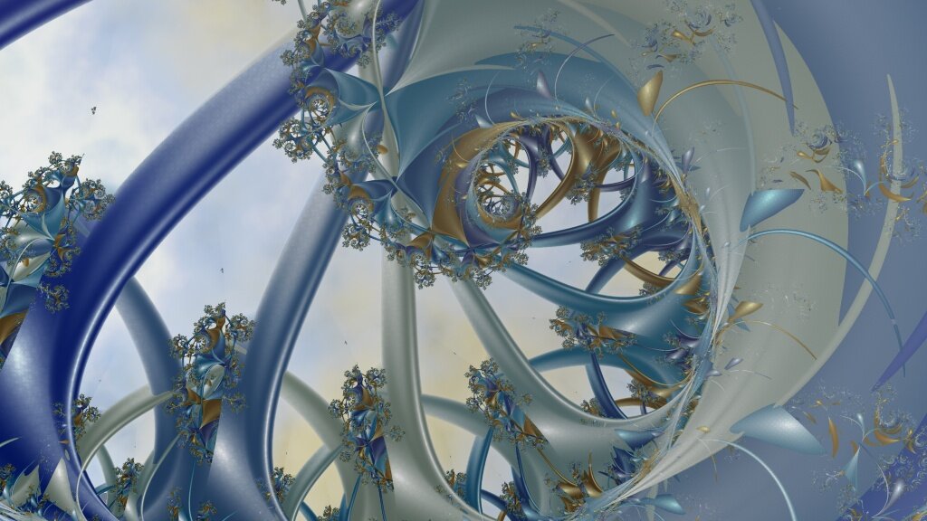 A spiral fractal in shades of blue, silver and gold, with open spaces showing the sky with clouds.