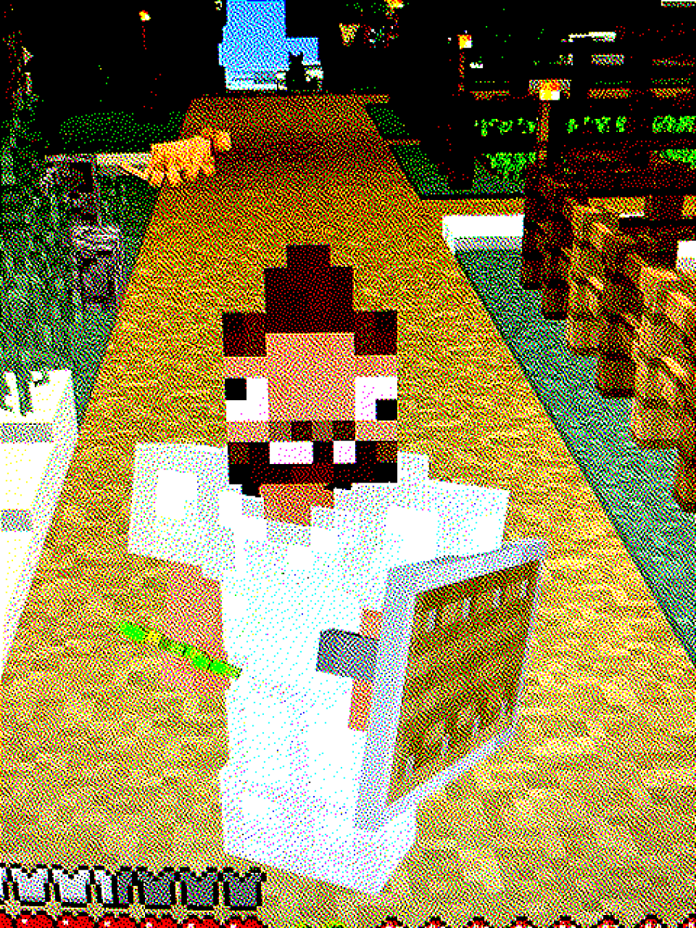 A Minecraft avatar with a brown faux hawk and beard, wearing iron armor and holding a shield and some wheat seeds, and standing on a path in a village. He has a derpy face with his eyes looking in opposite directions and a missing tooth.