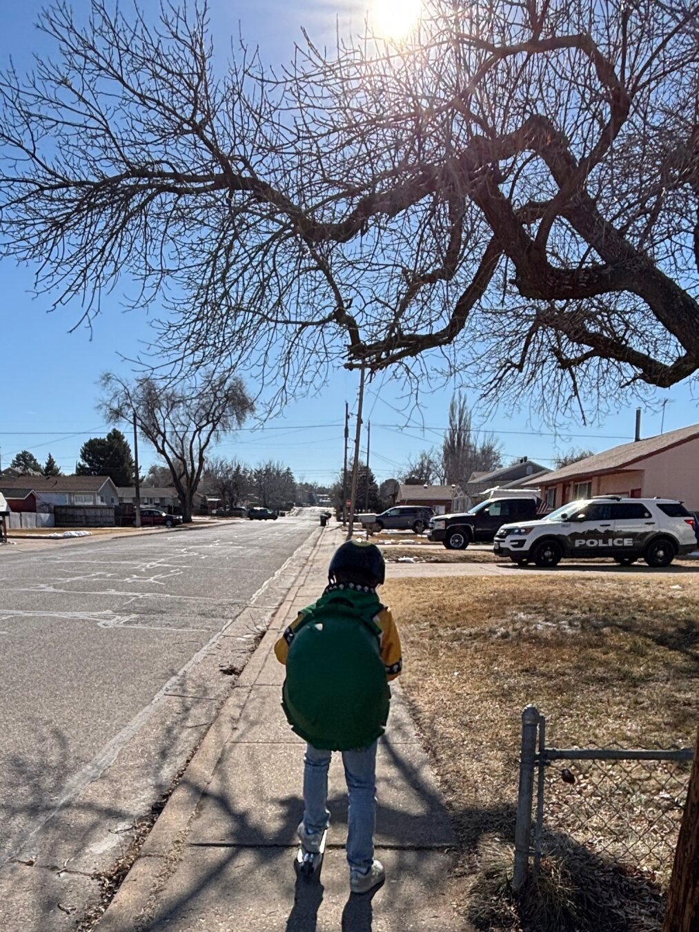 A young boy wearing a backpack that looks like a turtle shell, a Super Mario Bowser hoodie, and a black helmet rides away from the camera. He is traveling down a sidewalk in an older neighborhood. It's winter but there's almost no snow on the ground as he passes by a leafless tree. The sky is clear and blue with the sun hanging overhead near the center of the top edge of the photo, shining through the branches of the tree that hang over the sidewalk.