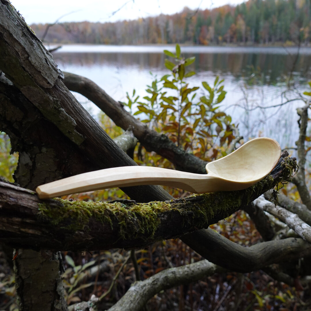 Wooden spoon from the side with water and forest background