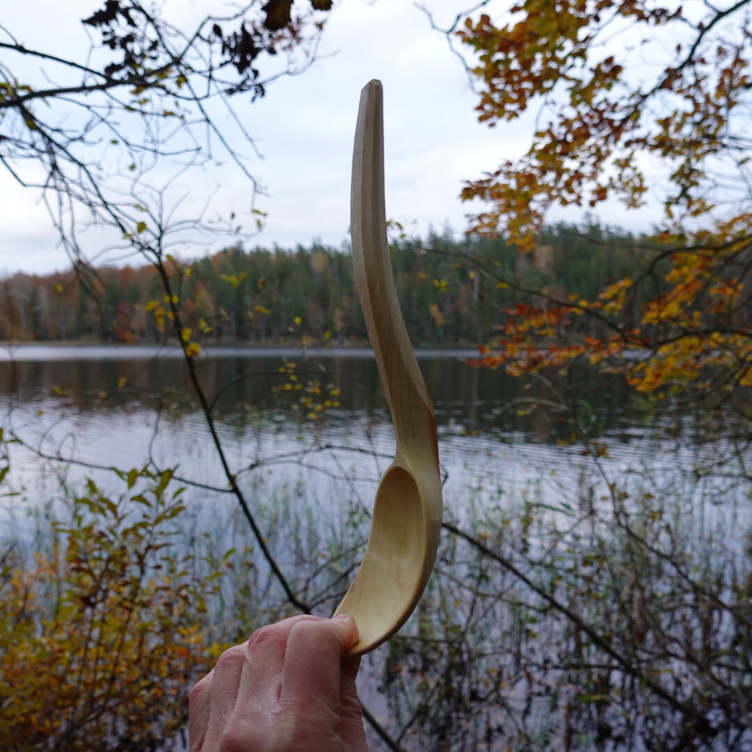 Wooden spoon front side angle held in front of water and forest